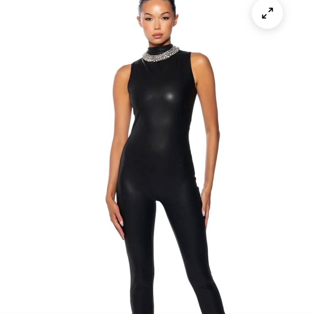 KEEP IT SIMPLE FAUX LEATHER FUNNEL NECK JUMPSUIT - L